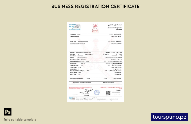 listo para imprimir certificado de registro de Omán Plantilla de Word y PDF, pla